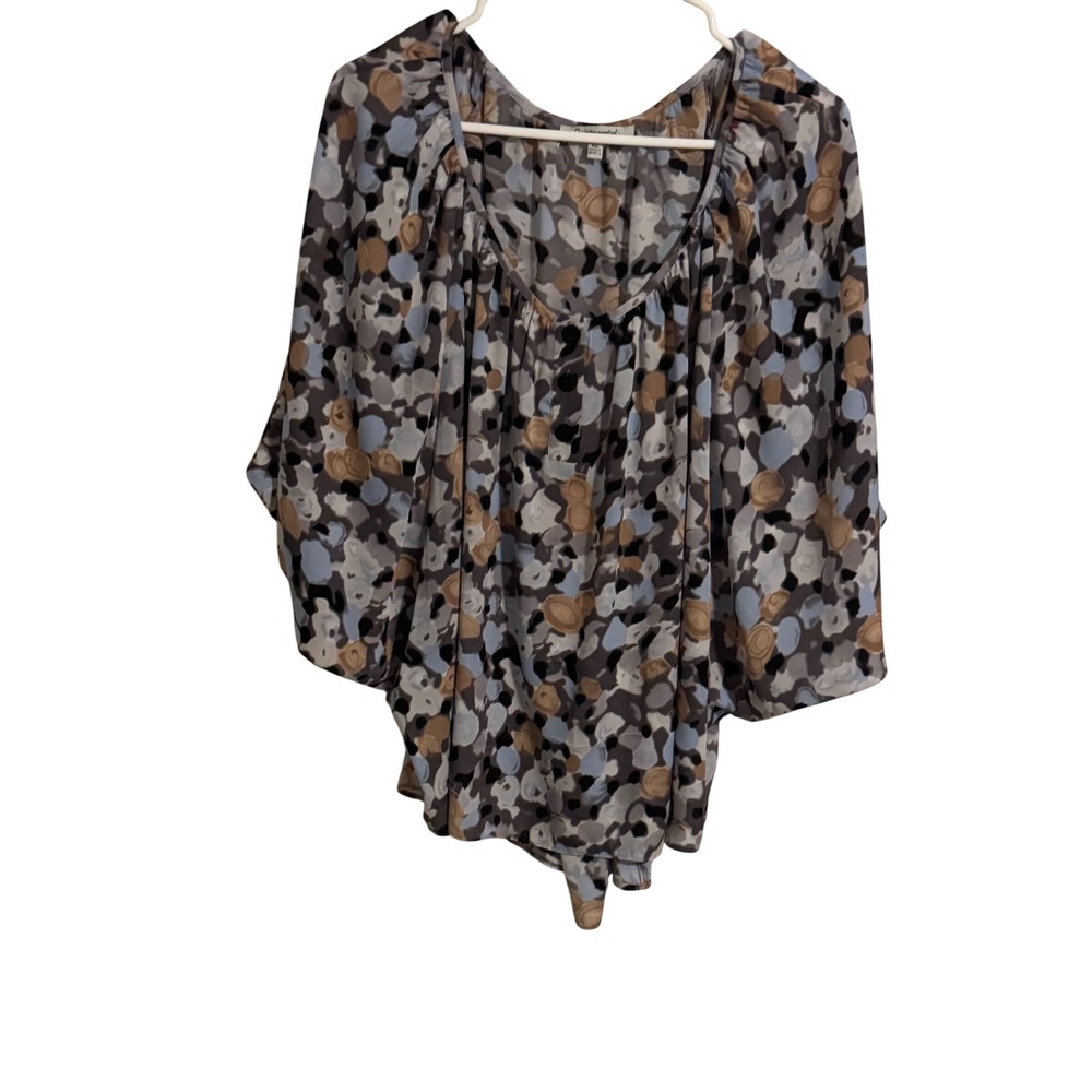 Quintessential Womens XL Blue Tan Abstract Floral Dolman Sleeve Button Blouse